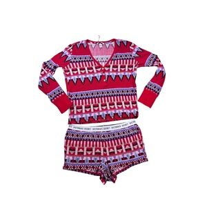 Victorias Secret Thermal Pajama Set Large Red Fair Isle Heart Henley Top Shorts